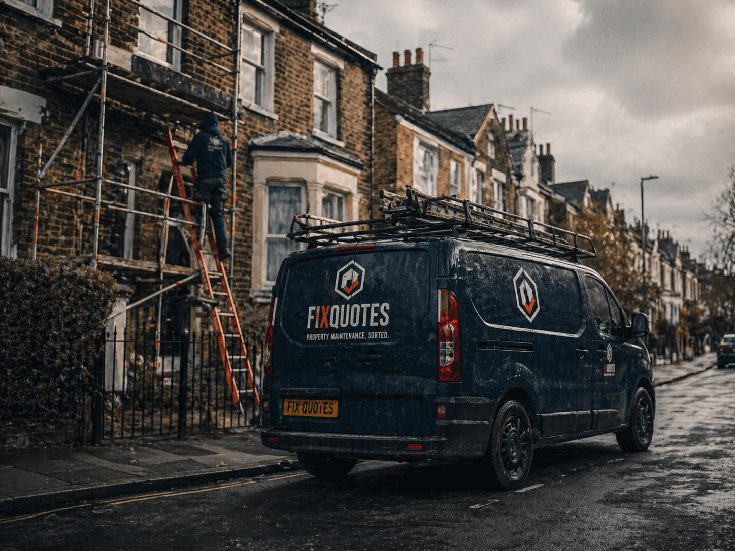 FixQuotes branded van parked on a UK terraced street with a tradesperson on scaffolding
